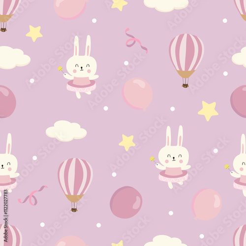 Baby shower seamless pattern  for girl with sky,balloon, star,rabbit