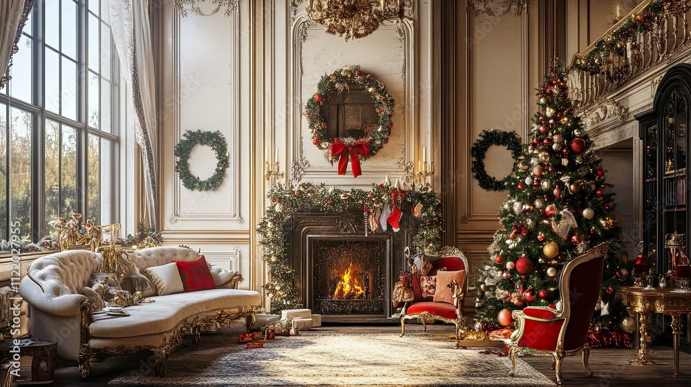 Fototapeta premium New Year's interior with Christmas tree palace