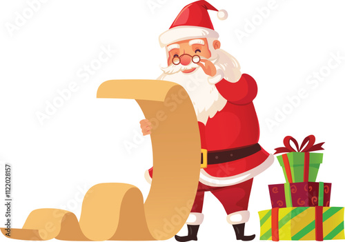 Santa claus adjusts his eyeglasses while carefully reading a very long christmas wish list, with colorful wrapped presents stacked beside him, preparing for the festive holiday season