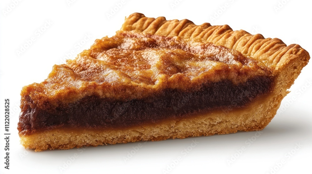 Close-up of a slice of sweet pie with a flaky crust and brown filling.