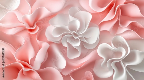 Intricate 3D abstract design showcases layered flower shapes in soft pink and white hues, perfect for creative mockup applications. Generative AI