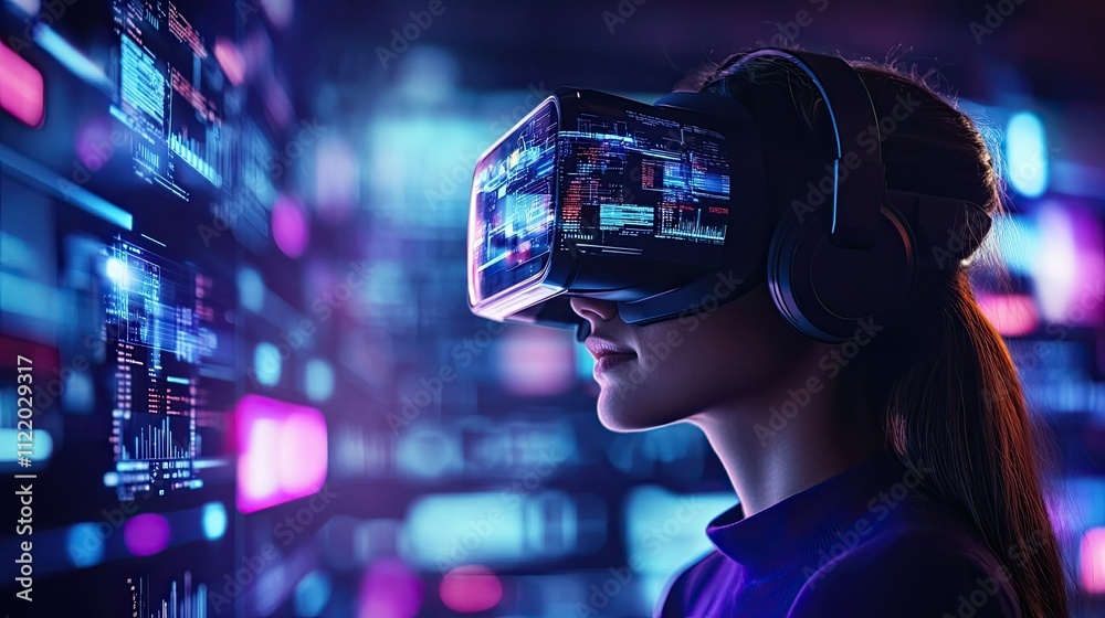 Concepts of big data analysis and business analytics technology displayed on virtual reality screens. 