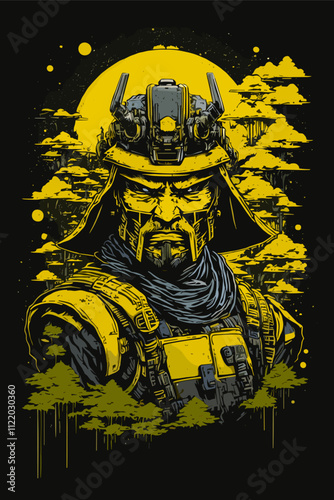 Futuristic Samurai Warrior in Surreal Neon Yellow Landscape Vector