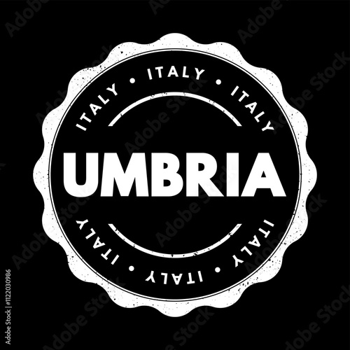 Umbria is a region located in central Italy, known for its picturesque landscapes, medieval hill towns, and rich cultural heritage, text concept stamp