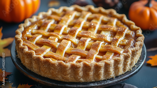 Delicious traditional apple pie made of fresh red apples with cinnamon photo