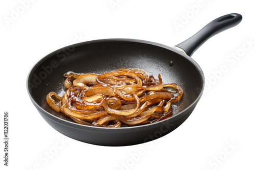 Freshly sauteed onions in a black frying pan, showcasing rich caramelization and a delicious golden-brown color, perfect for culinary presentations.