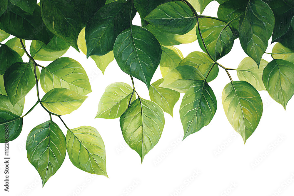 Fototapeta premium Green leaves with varying shades, arranged artistically against a white background, perfect for nature-themed designs or eco-friendly projects.