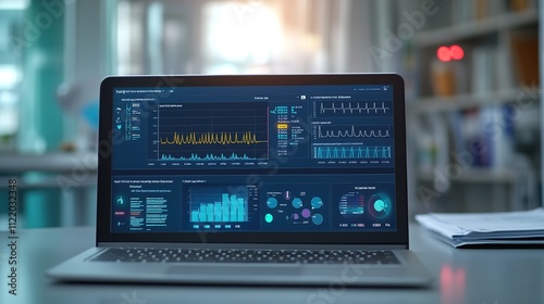Wallpaper Mural Laptop with data analysis graphs on screen in office setting Torontodigital.ca