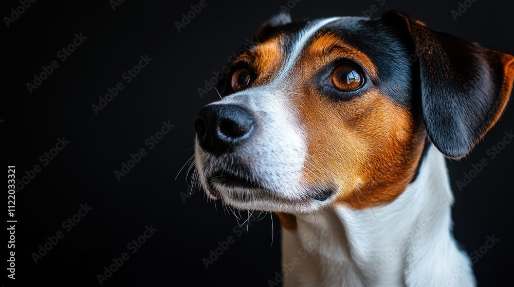 Close-up portrait of a dog with attentive gaze against black backdrop. Close-up portrait of a dog with attentive gaze against black backdrop.