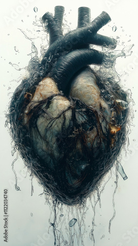 A human heart made of murky, polluted water, surrounded by floating debris like plastic bottles and old tires. The veins are replaced with dark, oily currents, pulsating with an eerie glow. 