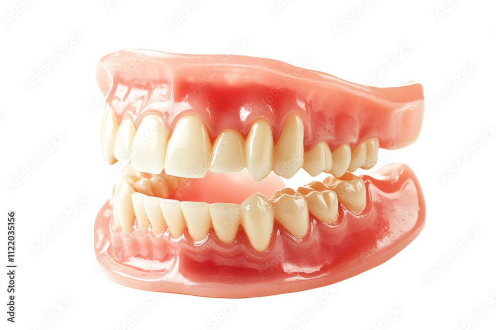 Obraz premium Realistic dental prosthetic model displaying upper and lower teeth isolated on a white background, perfect for dental health education and marketing.