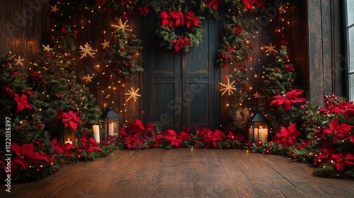 Christmas backdrop with an old wooden wall, decorated for the holiday season