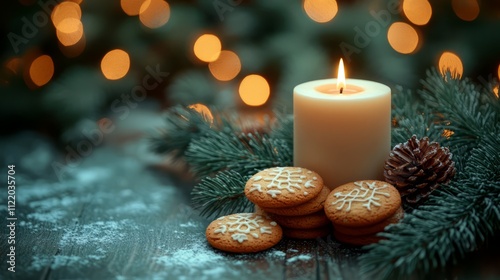 Christmas background with a white candle, pine branches, and cookies on a wooden table with bokeh lights