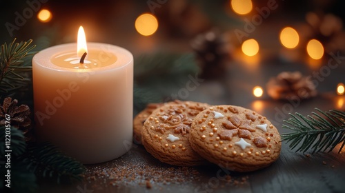 Christmas background with a white candle, pine branches, and cookies on a wooden table with bokeh lights