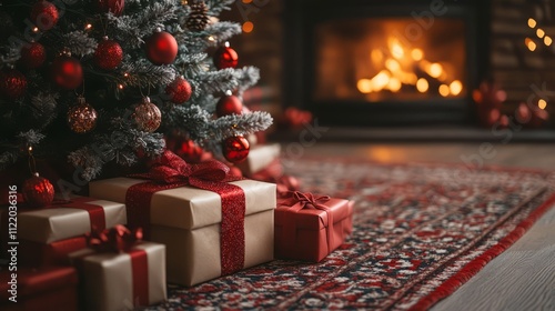Christmas tree and holidays present on fireplace background
