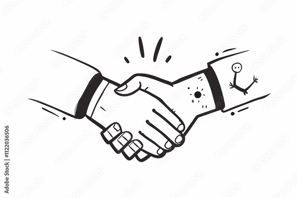 Fototapeta premium Handshake between human and robot hand symbolizing partnership in black and white sketch style with dynamic elements copy space