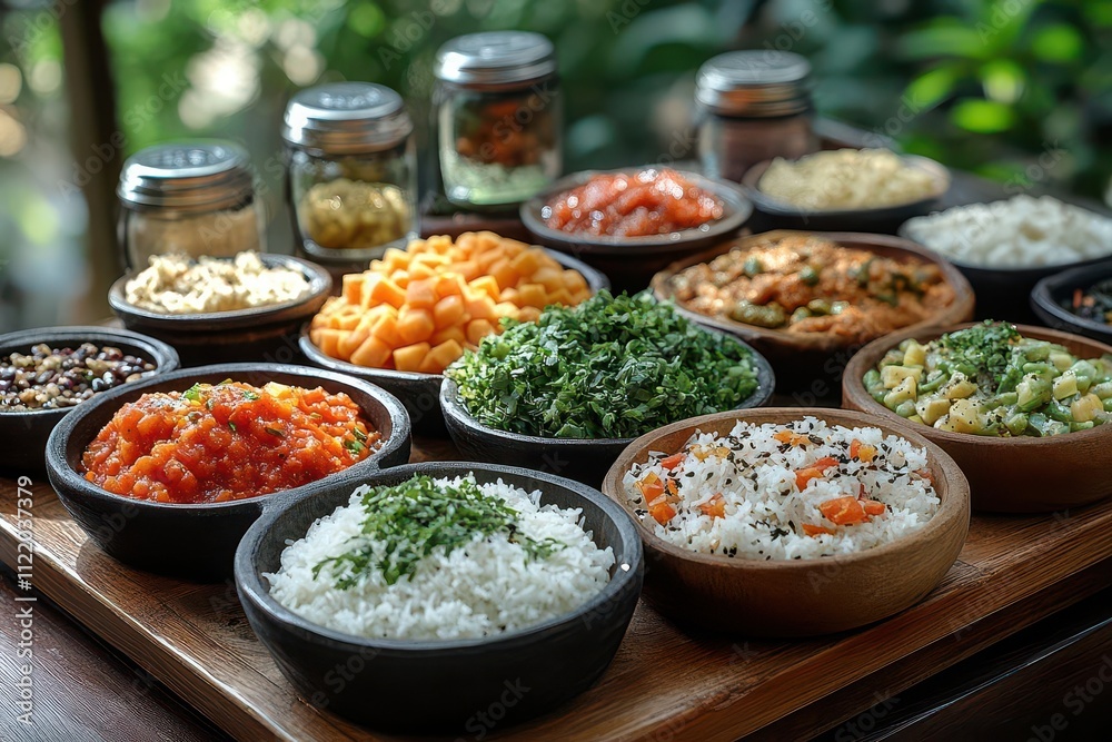 Fototapeta premium an inviting display of traditional indian dishes arranged aesthetically on a wooden table, filled with an array of colorful and spicy foods, bursting with flavors and cultural richness