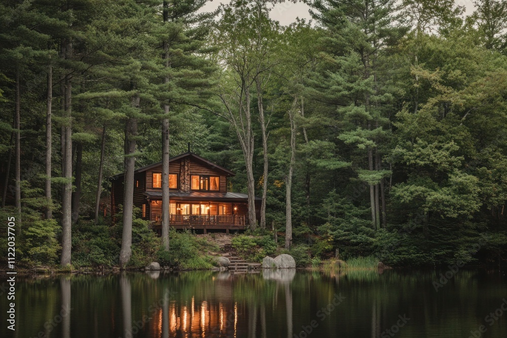 Obraz premium Charming cabin reflecting on serene lake at sunset. Generative AI