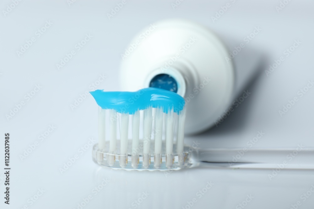 Toothbrush with toothpaste and tube on white background, closeup Toothbrush with toothpaste and tube on white background, closeup