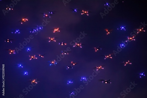 Drones create a vibrant light show in the evening sky
