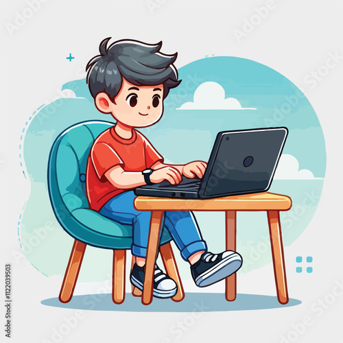 a boy is using his laptop vector