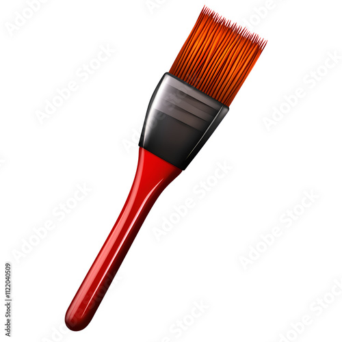 Red paintbrush resting upright on a flat surface, showcasing its bristles and handle design for artistic use photo