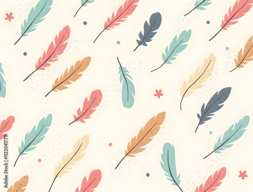A seamless pattern of colorful feathers on a cream-colored background. The feathers are arranged diagonally and have a gradient color scheme
