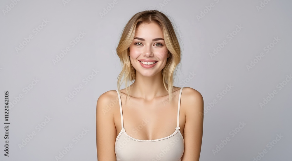 Fototapeta premium Happy woman face. Beauty blonde sensual woman portrait. Beauty portrait of a young cute woman. Gorgeous girl. Beautiful portrait of blonde model.