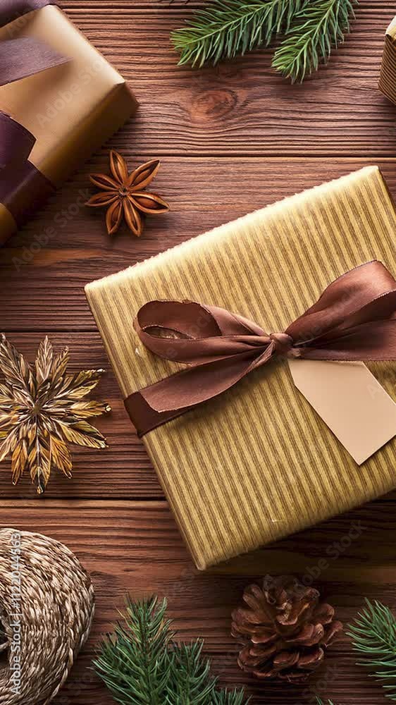Decorações de Natal e ano novo. Presentes e enfeites de natal sobre mesa de madeira