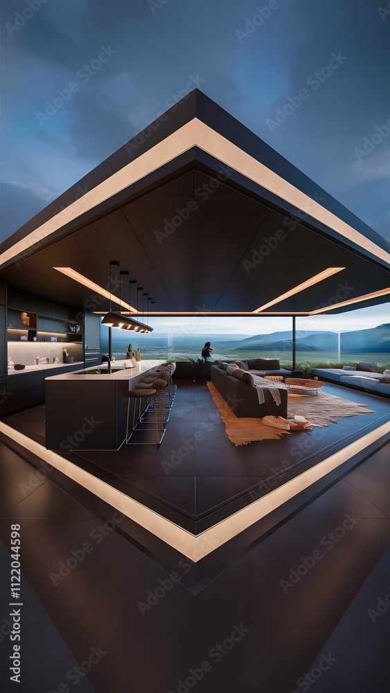 Fototapeta premium Dark kitchen interior with chill area, sofa and bar island with chair. Open space studio with cooking and lounge zone, side view. Panoramic window on countryside. 3D rendering
