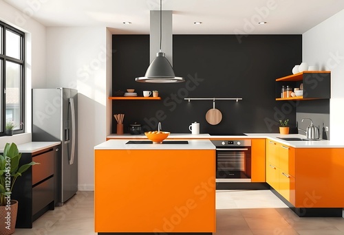 Sleek Orange Kitchen Interior with Black Color Palette Captured from Different Perspectives.
 photo