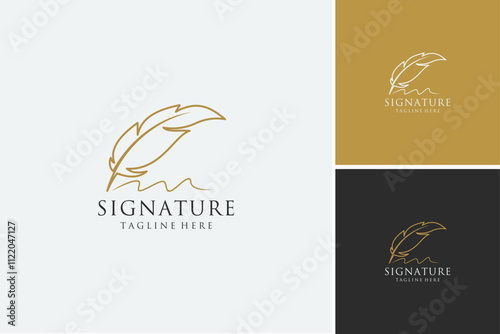 Set of golden quill signature logo design. Minimalist feather ink logo template.