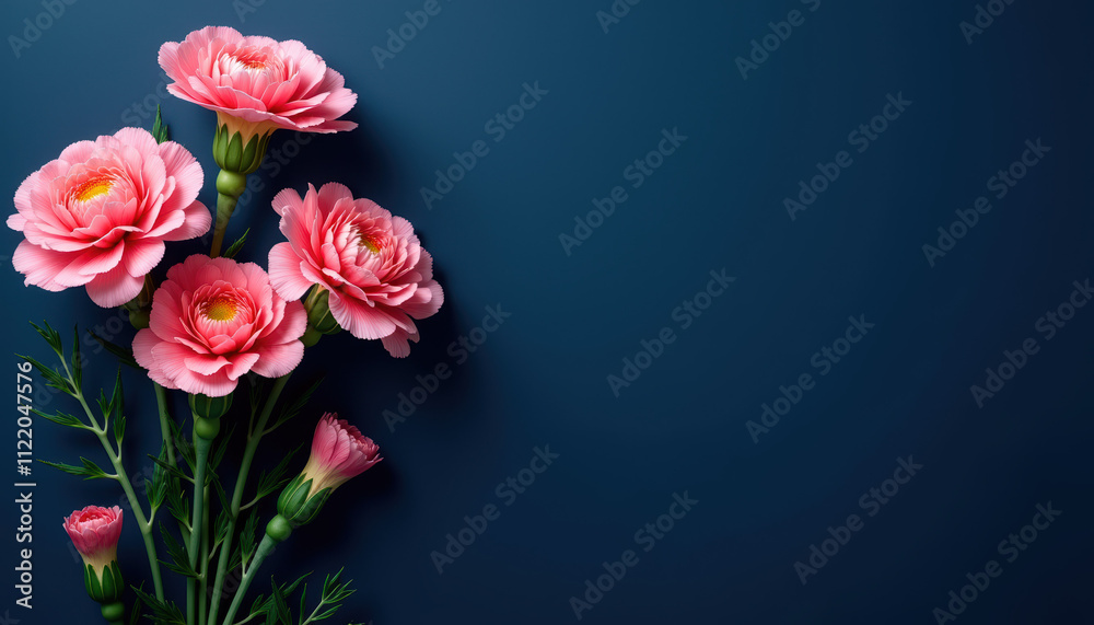 Obraz premium A rich dark blue background showcasing beautiful Carnations, ideal for elegant messages and joyful occasions.