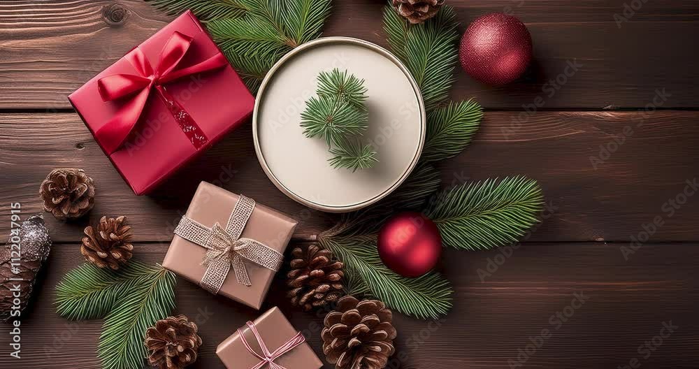 Decorações de Natal e ano novo. Presentes e enfeites de natal sobre mesa de madeira