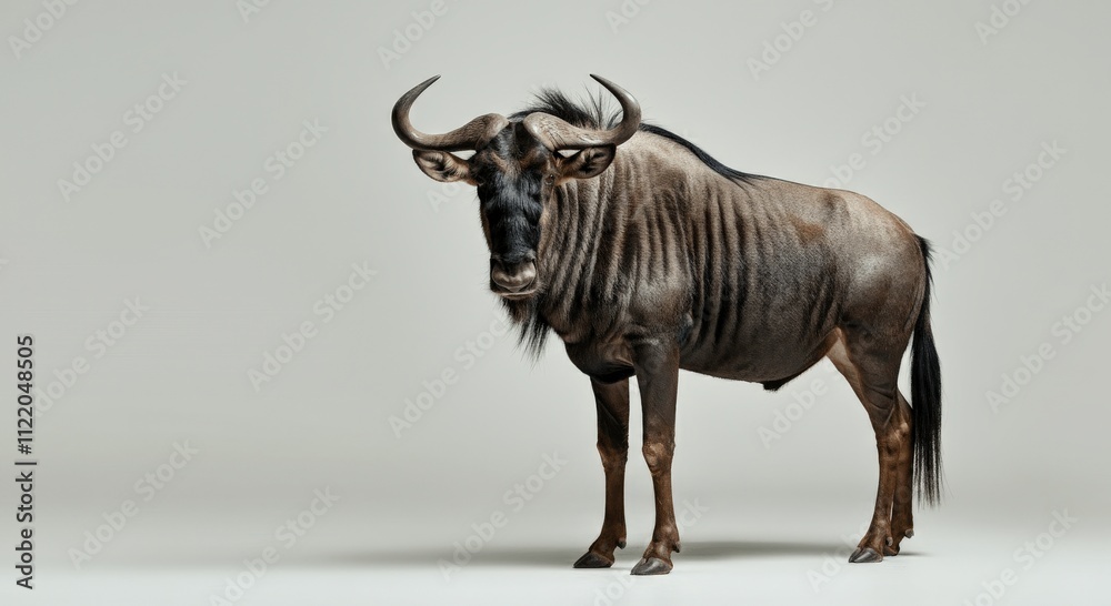 Majestic wildebeest standing against neutral background for wildlife concepts Majestic wildebeest standing against neutral background for wildlife concepts