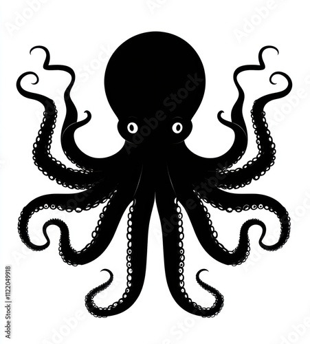 Black silhouette of an octopus with eight tentacles on white background. photo