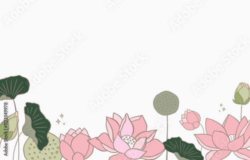 Golden pink lotus background. Line art design for postcard, invitation ,presentation