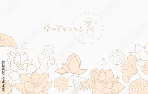 Golden lotus background. Line art design for postcard, invitation ,packaging