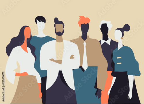Abstract representation of human figures standing together, symbolizing unity, teamwork, and collaboration with modern design and colors