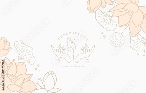 Golden lotus background. Line art design for postcard, invitation ,packaging