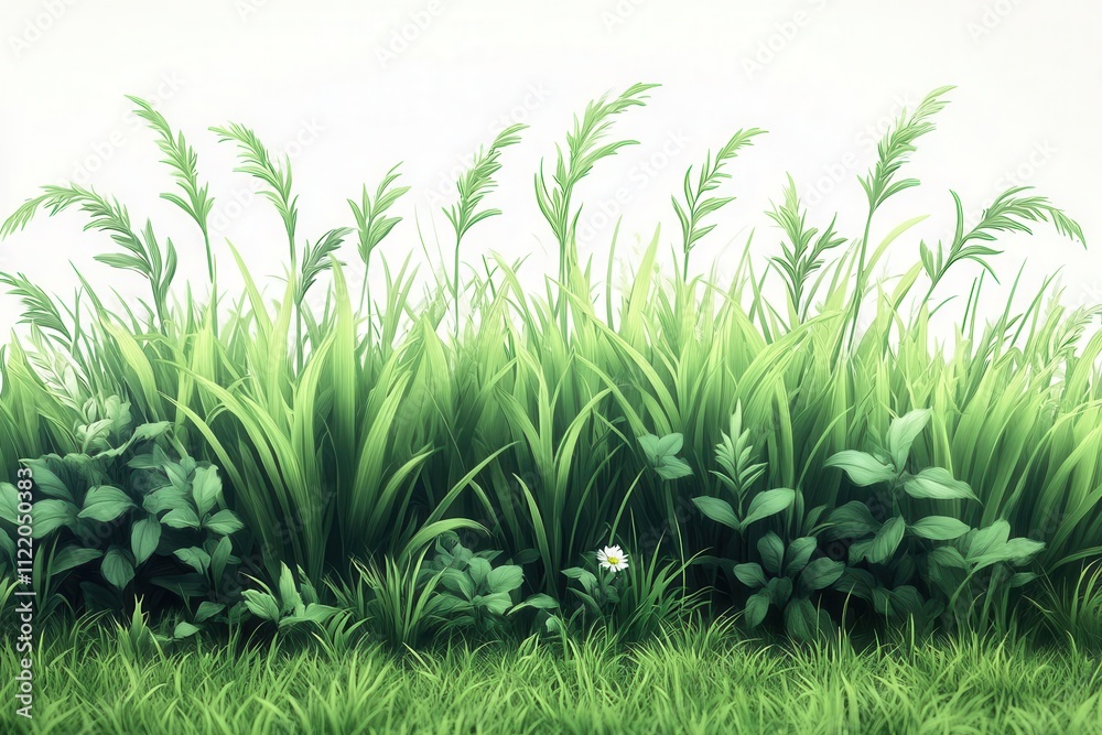 cartoon-style green grass patterns fill a white background, showcasing playful designs and textures that bring a whimsical touch to the concept of nature