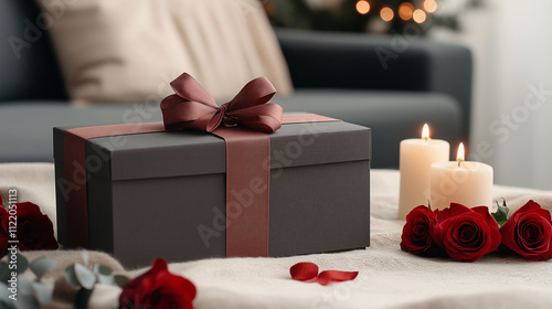 Elegant gift box with a ribbon surrounded by candles and roses in a cozy living room setting during the holiday season