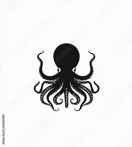 Simple black silhouette of an octopus on white background. photo