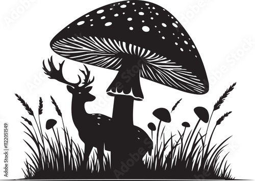 A deer peeking from behind a giant mushroom vector silhouette