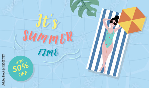 Summer sale background with tiny people,umbrellas, ball,float  in the top view pool.Vector summer banner