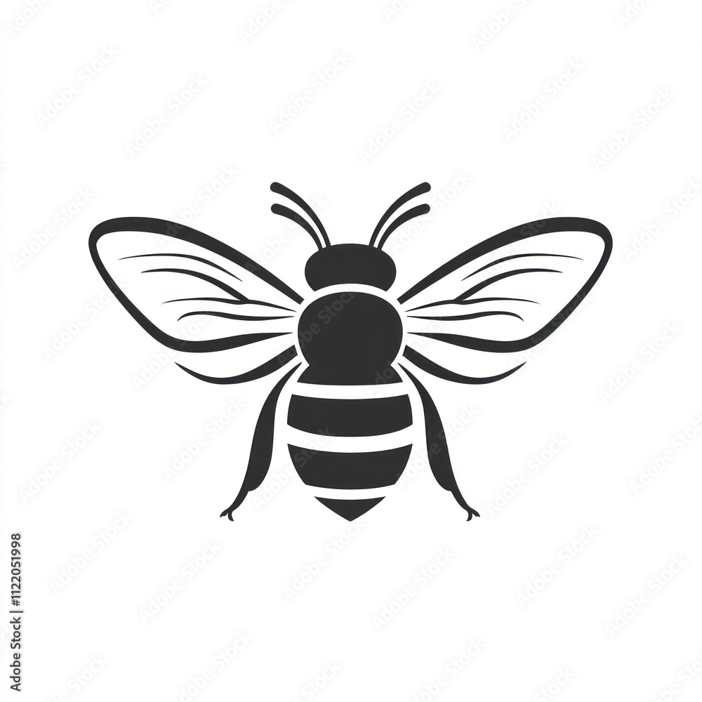 Fototapeta premium Stylized bee icon, black and white insect illustration, simple bee design.