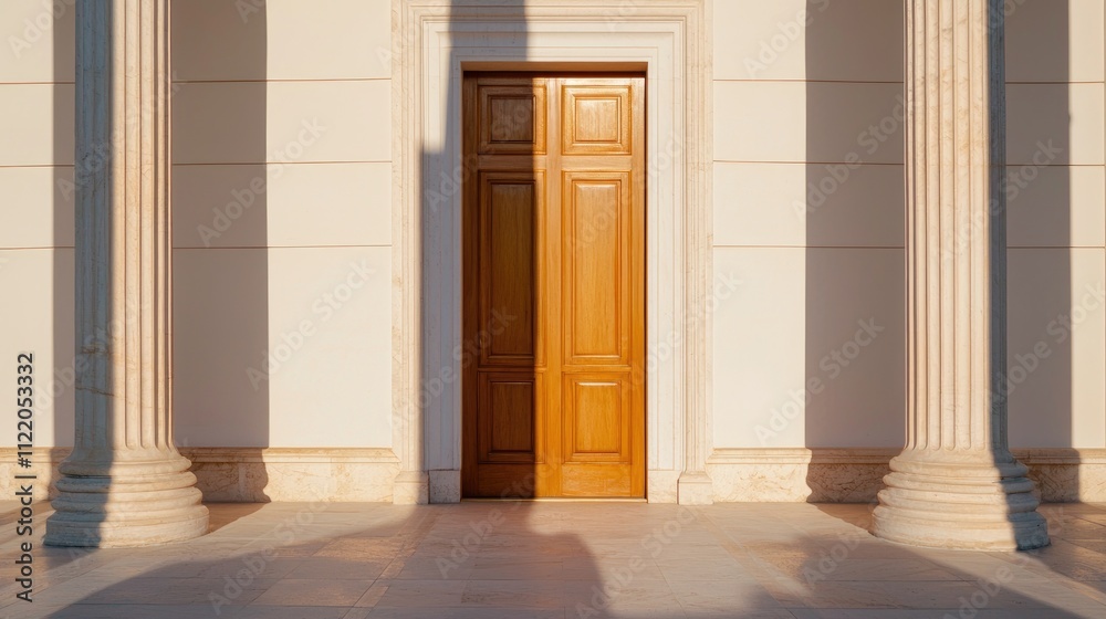 Elegant wooden door with classic architectural columns Elegant wooden door with classic architectural columns