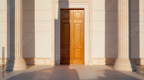 Elegant wooden door with classic architectural columns