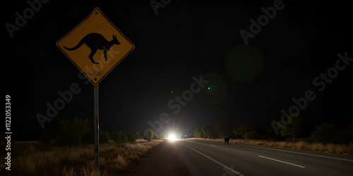Kangaroo road sign at night in Australia with headlights illuminating exotic landscape