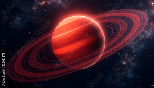 Vibrant red planet with textured rings in a colorful cosmic setting
